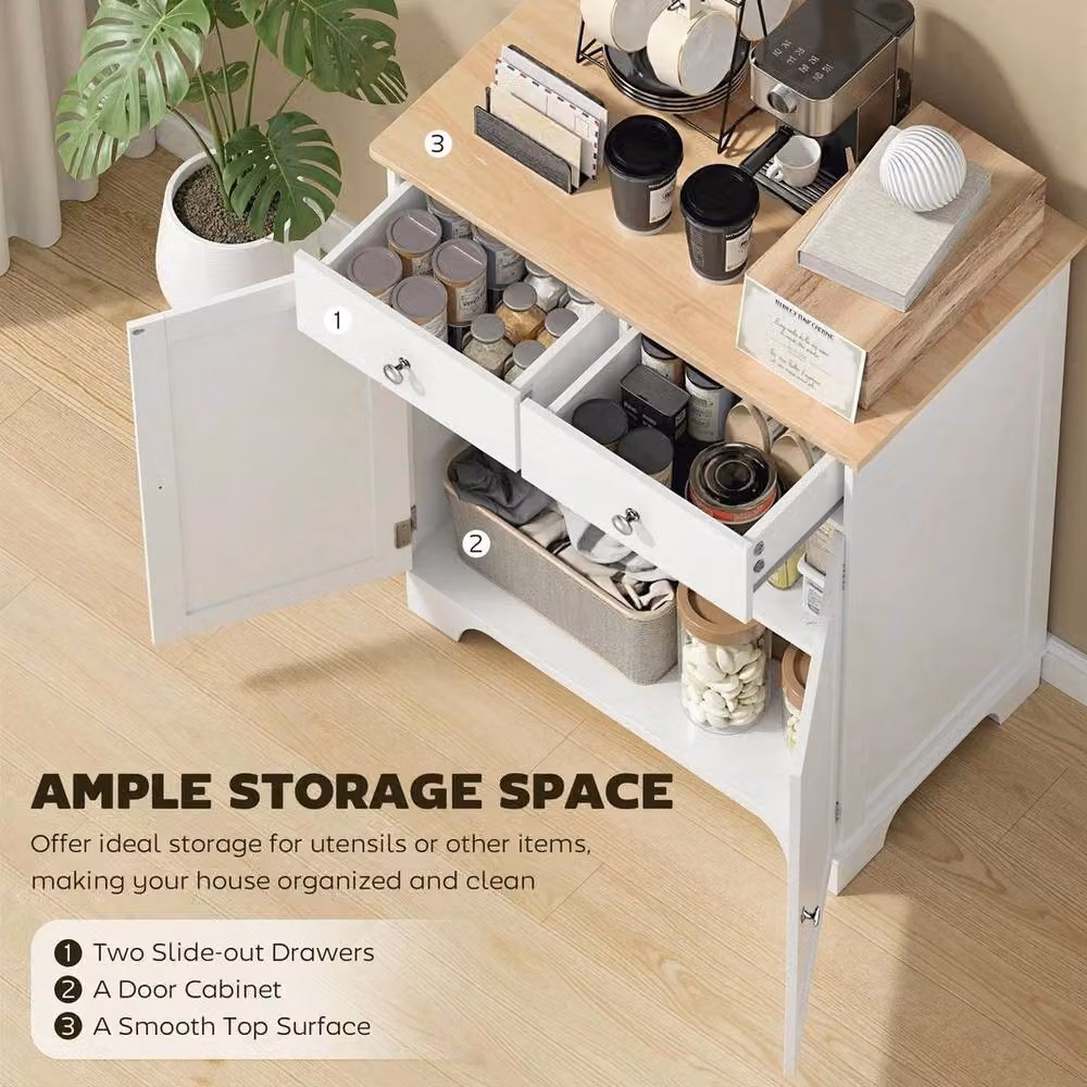 NESTLUNE White Kitchen Side Cabinet with Rubberwood Top and Adjustable Shelf – 2