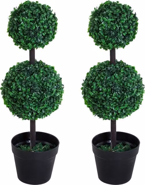 Outsunny Set of 2 Green Artificial Boxwood Ball Topiary Trees in Black Pots, Height: 67 cm – 1