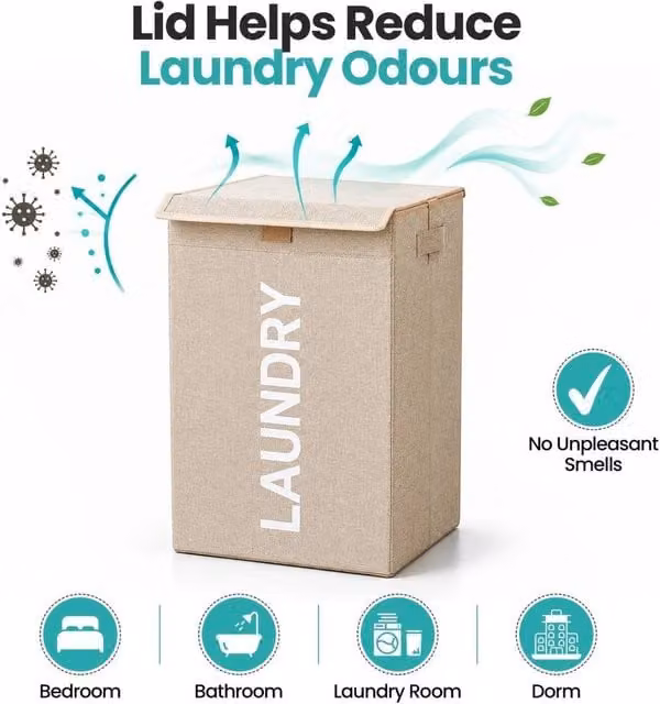 FORGEVIO Beige Collapsible Fabric Laundry Basket with Lid