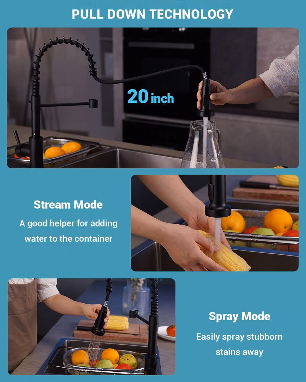 YUHUBY Matt Black Kitchen Tap with 360 Degree Swivel and 2-Mode Pull Out Spray Spout – 3