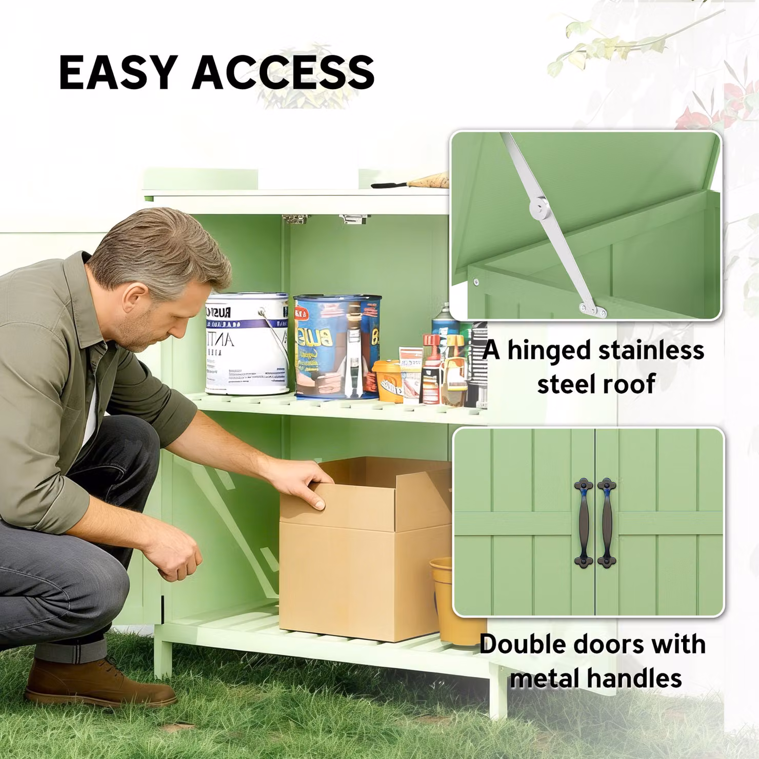 Outsunny Wooden Garden Storage Shed with Double Doors and Internal Shelving, Green, W/D/H: 88.0 x 67.0 x 40.0 cm – 4
