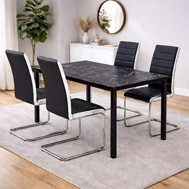 Kosy Koala Black Marble Effect Dining Set with 4 Black Faux Leather Chairs