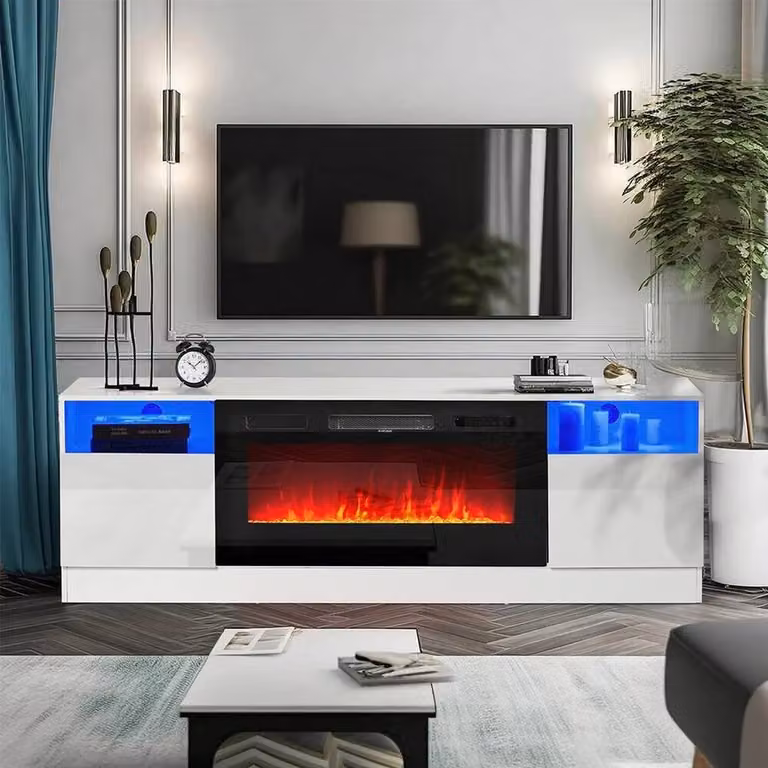 FORGEVIO White High Gloss Modern TV Stand Unit Cabinet with Integrated Lighting and Electric Fireplace
