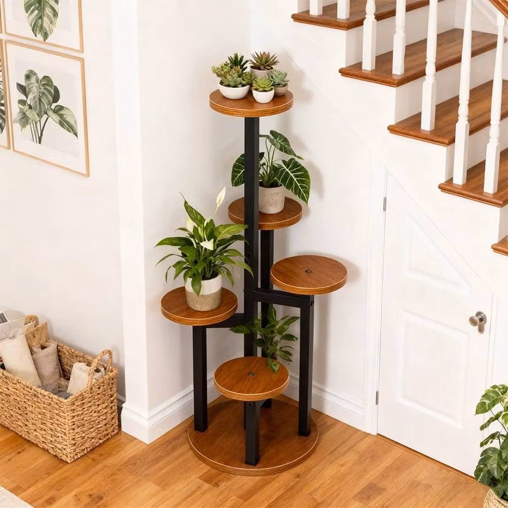 KORVIXA 6 Tier Vintage Wood and Metal Plant Stand in Brown and Black – 4