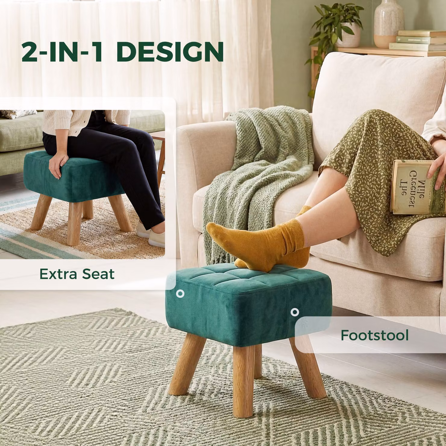 HOMCOM Velvet Rectangular Padded Footstool in Dark Green – 4