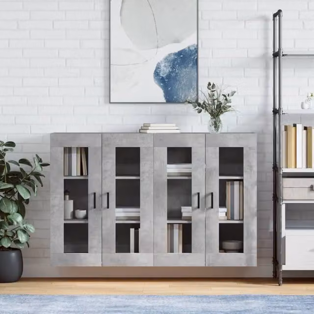 Berkfield Home Set of 2 Wall Mounted Cabinets in Concrete Grey with Glass Doors and Internal Shelves – 1