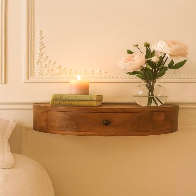 Artisan Furniture Mango Wood Wall Mounted Rounded Bedside Table in Brown