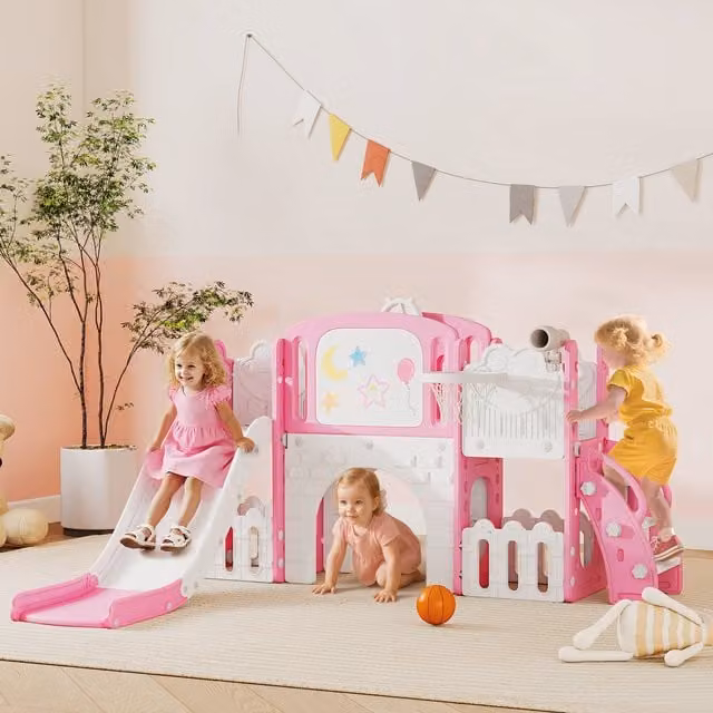 AIYAPLAY 7 in 1 Toddler Slide Set with Basketball Hoop, Pink