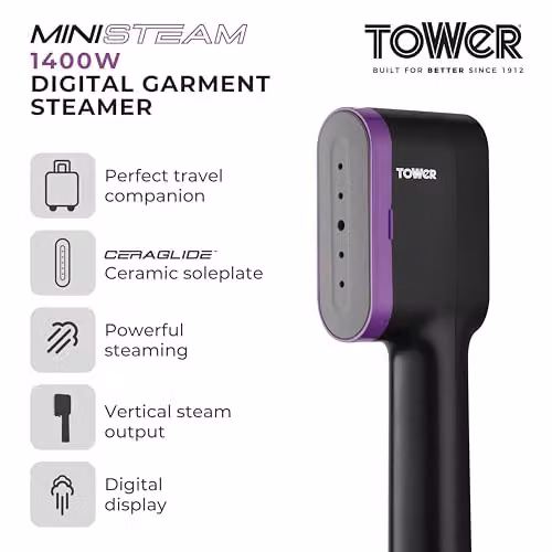 Tower Ceraglide Handheld Garment Steamer with Ceramic Soleplate and Brush Attachment, 1400W, Black, Petrol and Purple – 2