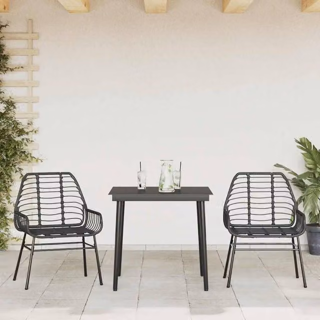 Berkfield Home Beautiful 3 Piece Black Poly Rattan Garden Dining Set with Glass Top – 1