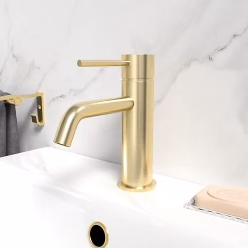 Nes Home Modern Deck Mounted Brushed Brass Round Single Lever Basin Mono Mixer Tap with Pop Up Waste