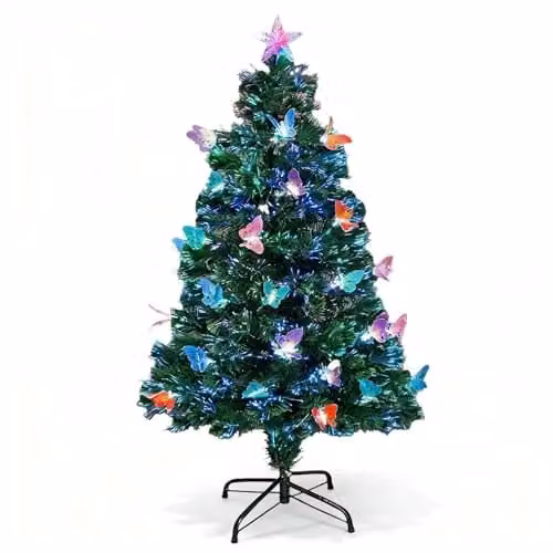 Shatchi 150 cm Green Fibre Optic Christmas Tree with Multicolour LED Butterfly Decorations and Star Topper – 1