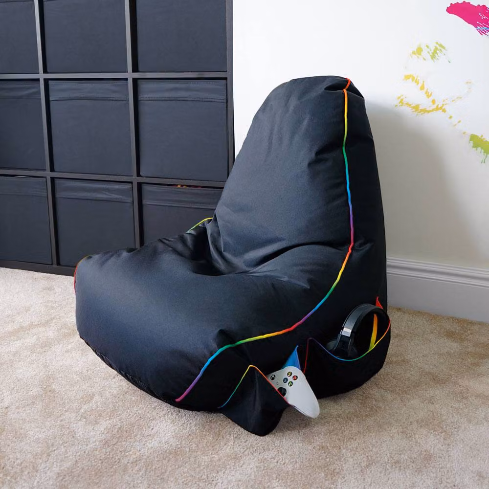 rucomfy Kids Gaming Bean Bag Chair in Black and Multicolour with Water-Repellent Removable Fabric Cover – 2