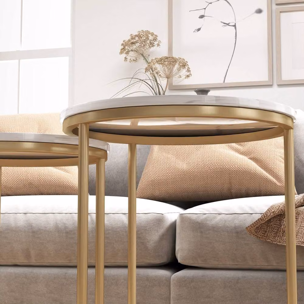 Wyld Haus Keroro Set of 2 Round Nesting Tables with White Marble Effect Tops and Gold Frames – 5