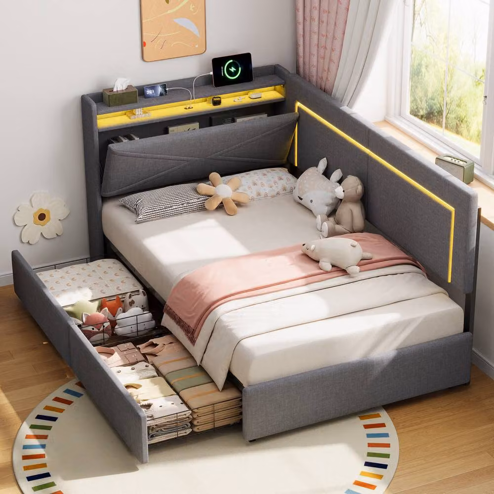 Matteo Single Daybed in Grey Linen with Storage Drawers and USB Charging Port, W/D/H: 90 x 200 cm – 2