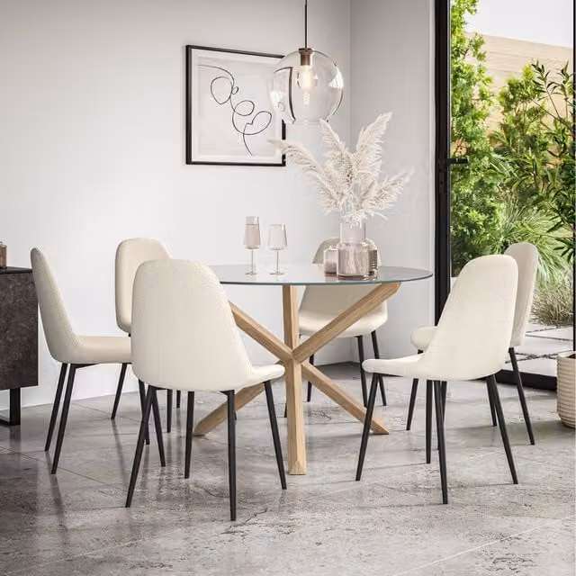 More4Homes Malvern Round Glass Dining Table Set with Oak Legs and 6 White Maya Boucle Chairs