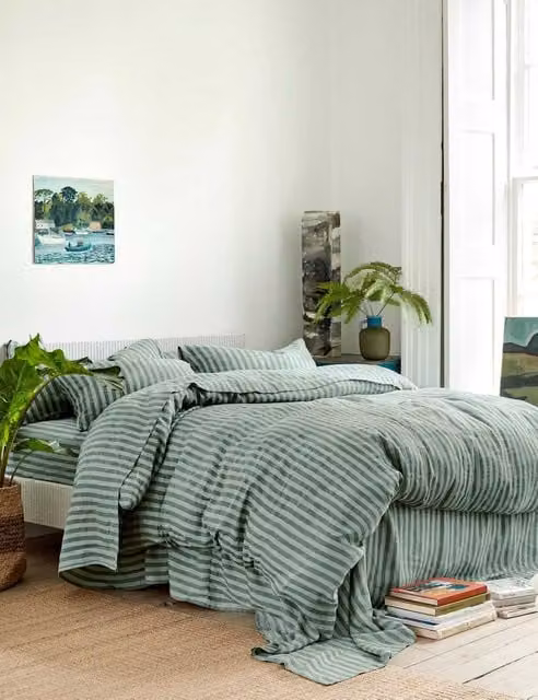 Piglet in Bed Pembroke Stripe Linen Rich Duvet Cover in Dark Green Mix