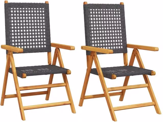 Berkfield Home Set of 2 Black Modern Garden Chairs with Acacia Wood Frame and Poly Rattan – 1