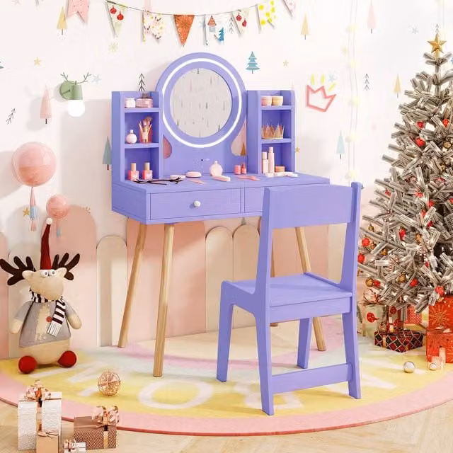 Costway Kids Princess Vanity Set with LED Lighted Mirror and Chair in Purple – 1