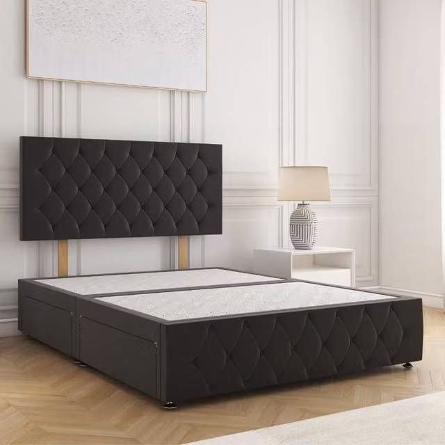 BSSPOKE Mulberry Double Divan Bed in Black Velvet with 2 Drawers and 24 inch Headboard, W/D/H: 140 x 200 cm – 1