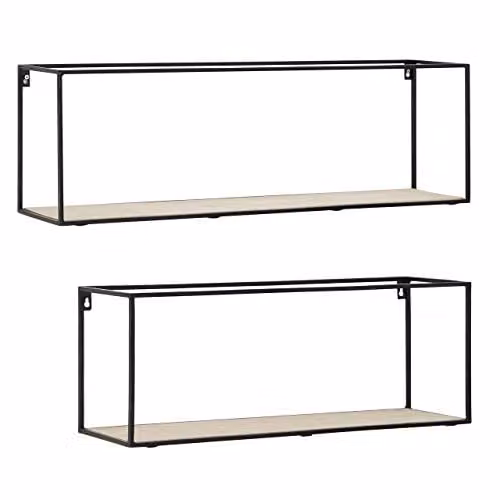 Premier Housewares Brixton Set of 2 Wall Mounted Floating Shelves, Natural and Black, W: 80 cm, D: 18 cm, H: 25 cm