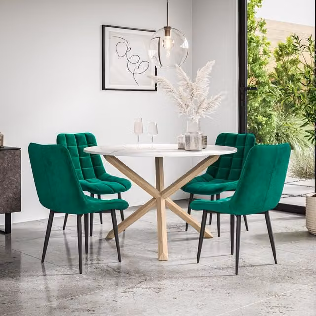 More4Homes Malvern Round Marble Effect Dining Table Set with 4 Green Nova Velvet Chairs and Oak Legs