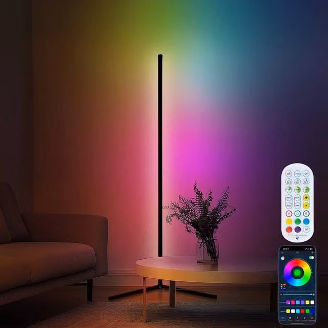 VOGREX Modern Minimalist LED Corner Floor Lamp with Remote Control and RGB Mood Lighting in Black – 1
