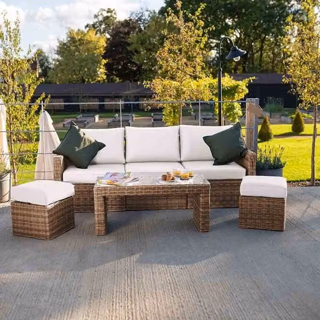 Primrose Living Modern 5 Seater Rattan Sofa Set with Coffee Table in Beige and Aluminium