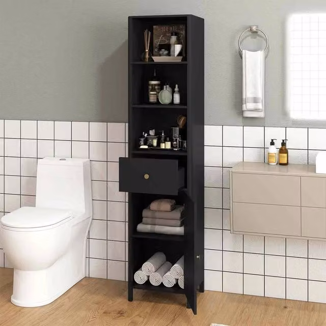 FORGEVIO Modern Narrow Freestanding Bathroom Floor Cabinet in Black, H 170 x W 30 x D 40 cm – 1