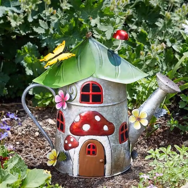 Garden Mile Metal Watering Can Tabletop Ornament in Grey, Green and Red