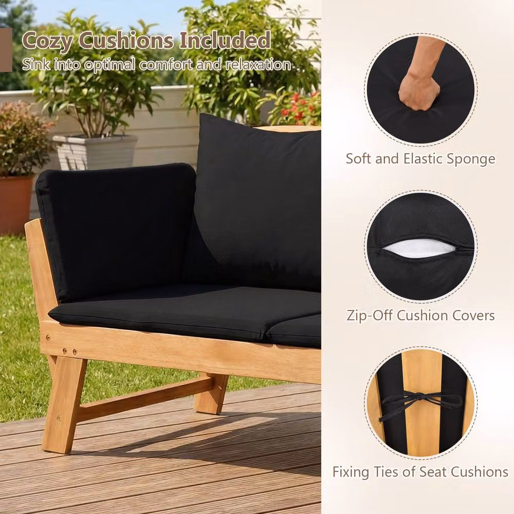 Costway Convertible Outdoor Daybed and Patio Sofa Bed with Adjustable Armrests in Black Acacia Wood – 7