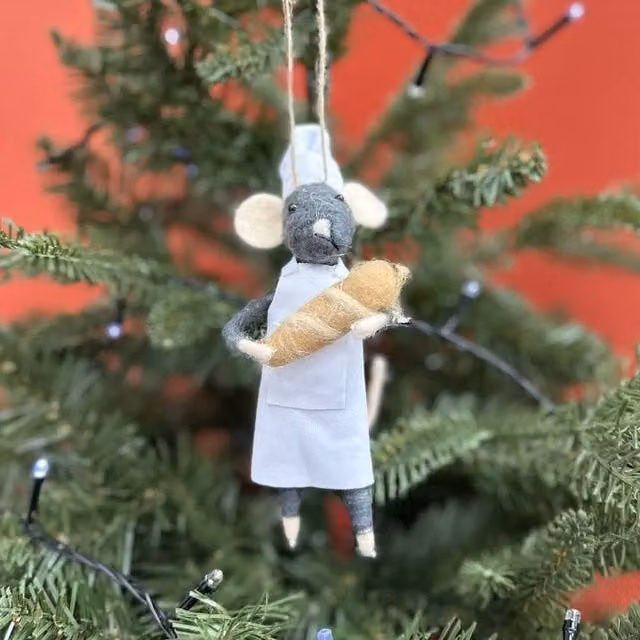 The Alphabet Gift Shop Sourdough Baking Mouse Christmas Hanging Bauble Decoration in White and Grey