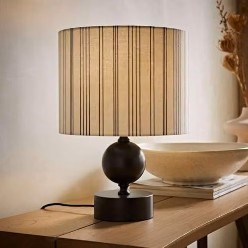 ValueLights Anthony Candlestick Table Lamp with Beige Linen Stripe Shade and Bulb – 1