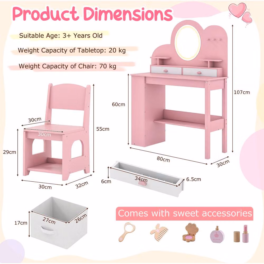 Costway Kids Makeup Dressing Table Set with Hollywood LED Lights, Pink – 2