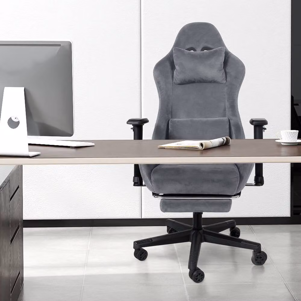 Levede Grey Fabric Gaming Chair for Adults with Headrest, Lumbar Support and Footrest – 3