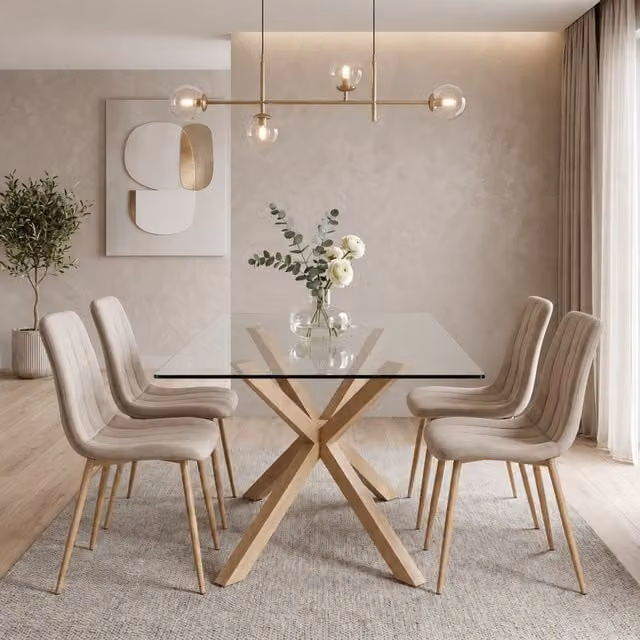 Kosy Koala 4 Seater Rectangular Glass Dining Table Set with 4 Beige Velvet Chairs