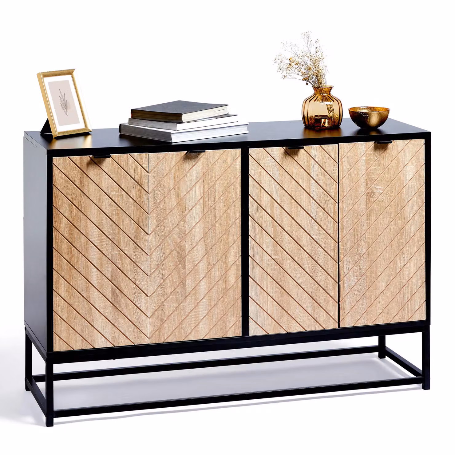 VonHaus Dalton Chevron Wood Effect 4 Door Living Room Sideboard in Black, W: 120 cm, D: 40 cm, H: 75 cm – 2