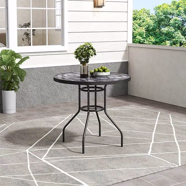 Breeins Black Marble Effect Round Garden Table with Tempered Glass, W: 80 cm, H: 72.5 cm