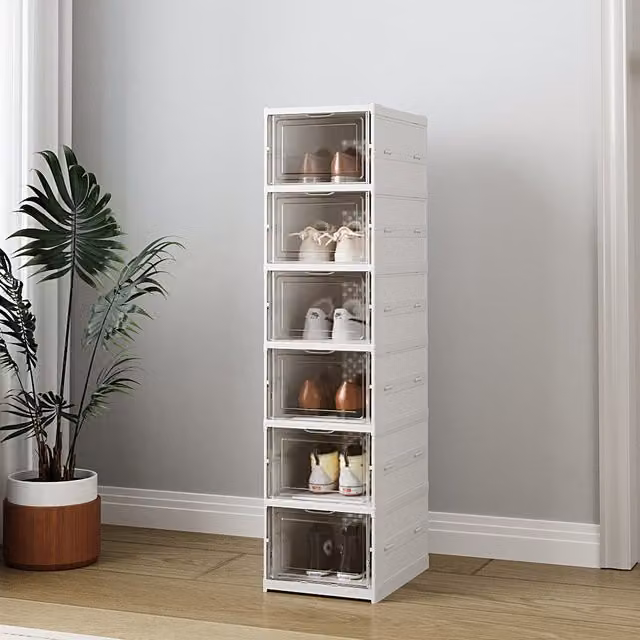 Kidkid Multi Tier Folding Shoe Storage Box in White and Transparent, Height: 105 cm