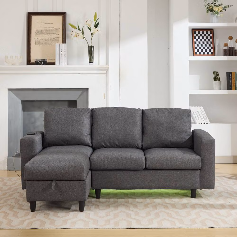 ModernLuxe 3 Seater Reversible Fabric Sofa in Grey with LED Lighting, USB Charging and Pull Out Drawer, W/D/H: 180 x 120 x 72 cm – 3