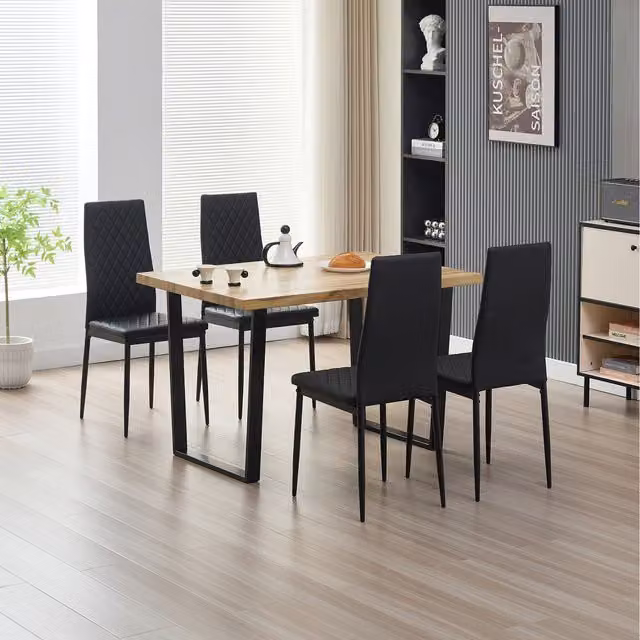 Madefor.living Colorado Rectangular Wood Dining Table with 4 Emily Black Leather Chairs