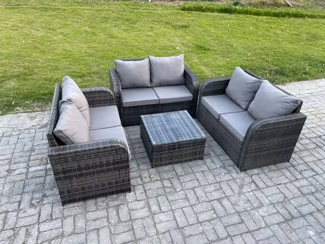 Fimous 6 Seater Rattan Garden Furniture Set in Dark Grey with Upholstered Cushions and Square Coffee Table
