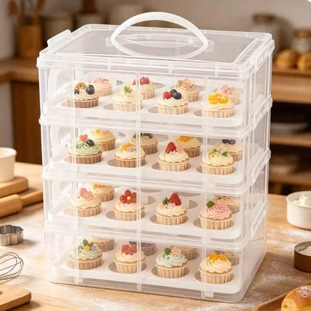 FORGEVIO 4 Tier Stackable 48 Cupcake Cake Carrier in Transparent Acrylic – 1