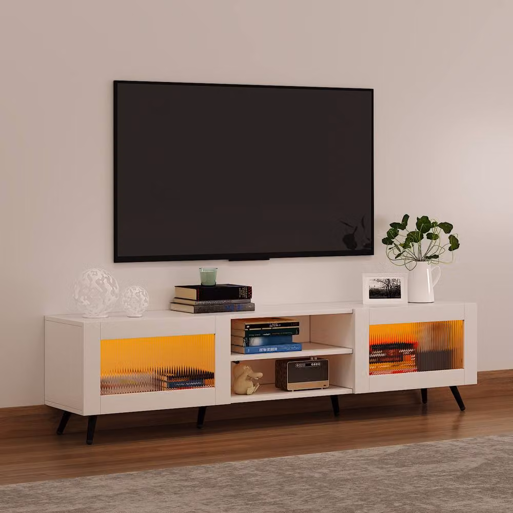 KEEPREAPER Modern White TV Stand with Transparent Acrylic Doors for 32-70 Inch TVs – 3