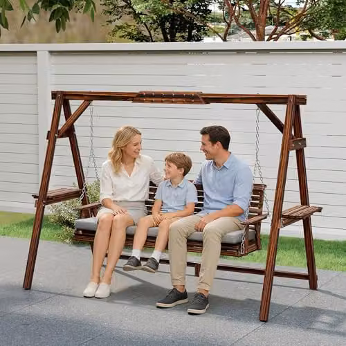 Outsunny 3 Seater Wooden Garden Swing Seat with Cushions and Side Trays in Grey or Brown – 8
