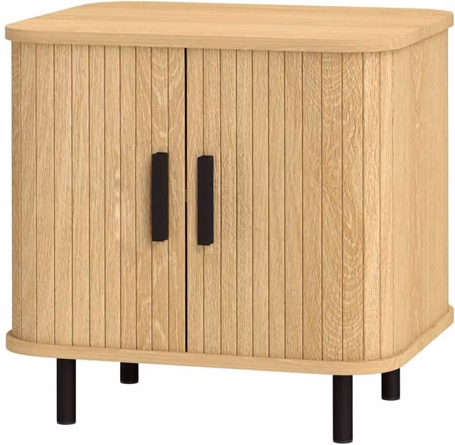 KORVIXA Oak Nordic Bedside Table with Sliding Doors and Metal Legs in Light Oak, W/D/H: 100 x 100 x 100 cm