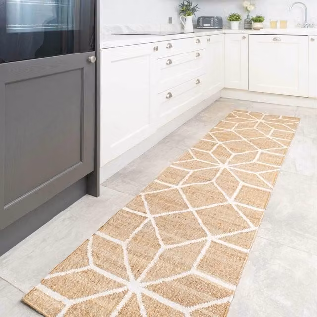 The Rug House Geometric Woven Jute Area Rug in Beige and Brown, W: 240 cm, D: 60 cm