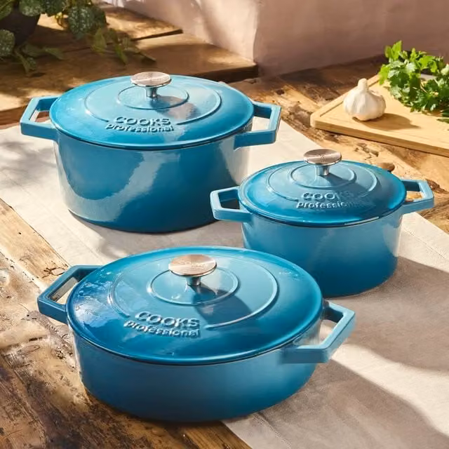 Cooks Professional Set of 3 Enamelled Cast Iron Casserole Dishes with Lids in Teal