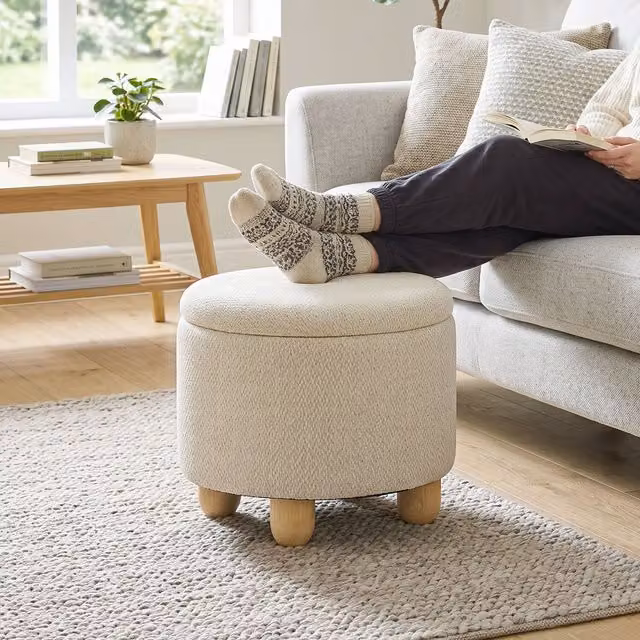 HOMCOM Round Storage Ottoman with Reversible Lid in Beige Fabric