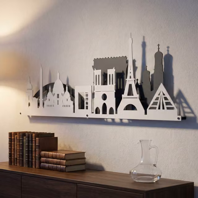 Laser Hut Paris Skyline Metal Wall Art in Grey and White